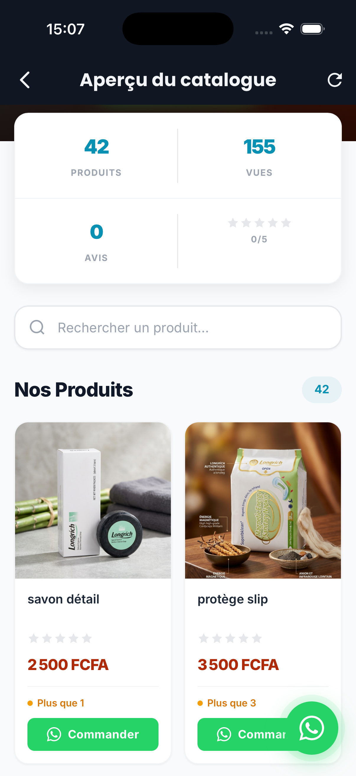 Page de catalogue en ligne Next Sales avec produits, avis et bouton WhatsApp