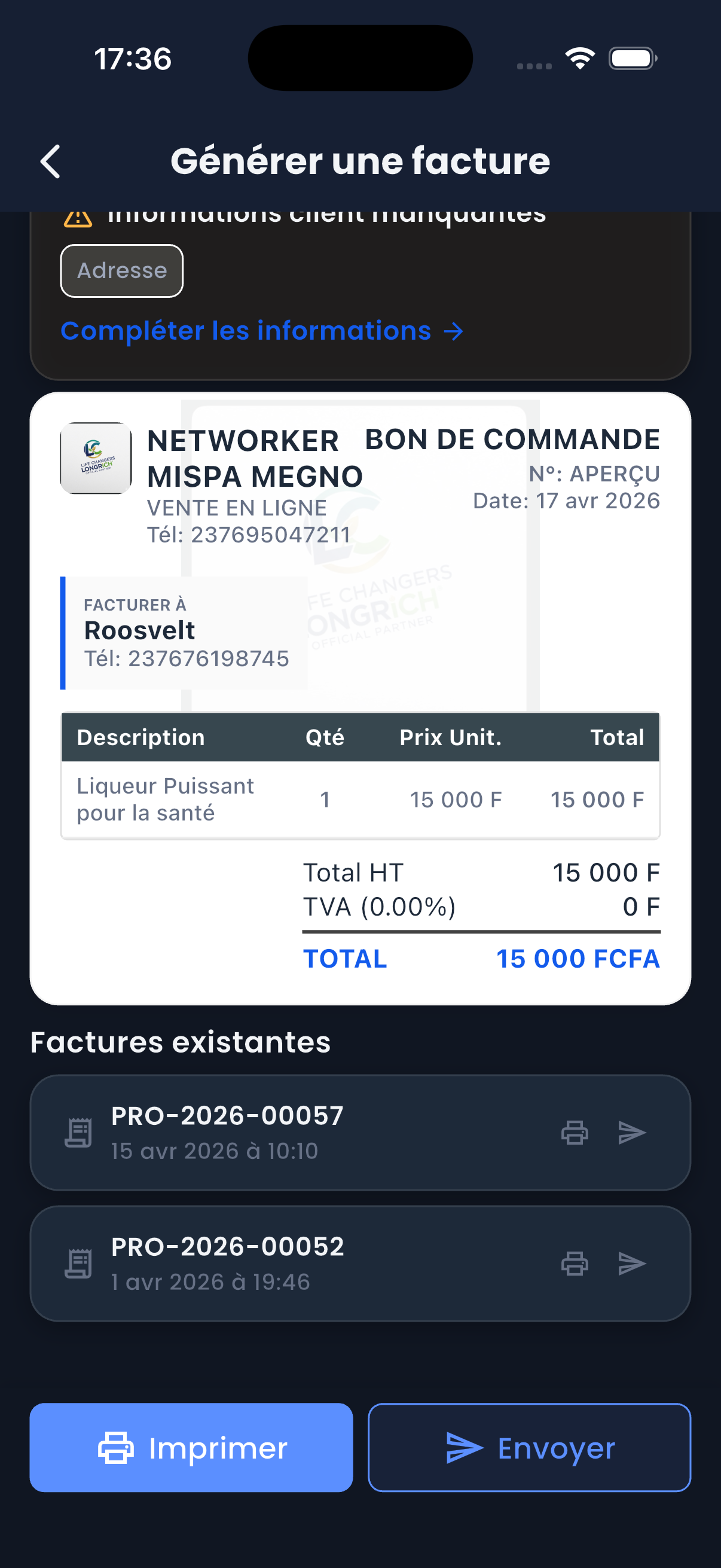 Facture PDF générée par Next Sales avec logo, RCCM et calcul TVA